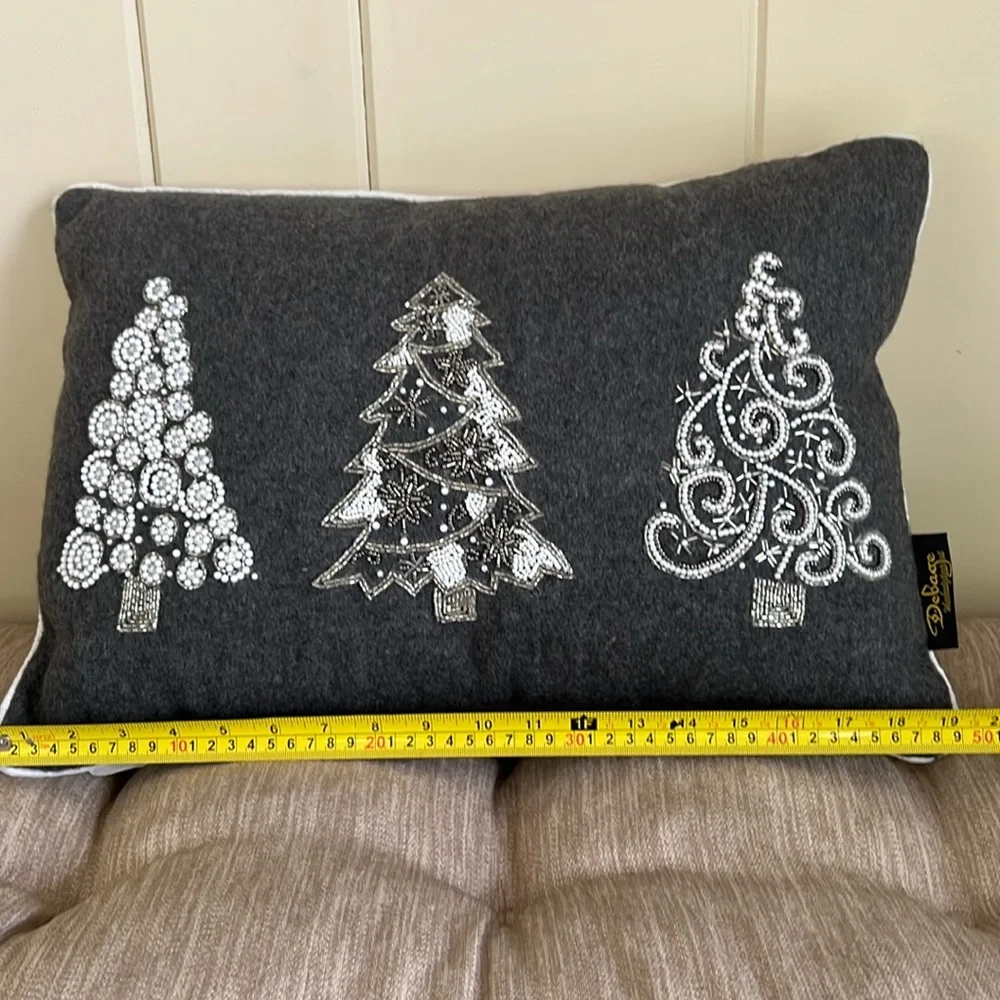 DeBage Grey and White Holiday Pillow With Bead Accents-Tree Design